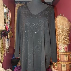 Educe Beaded Floral Black‎ Blouse 2X